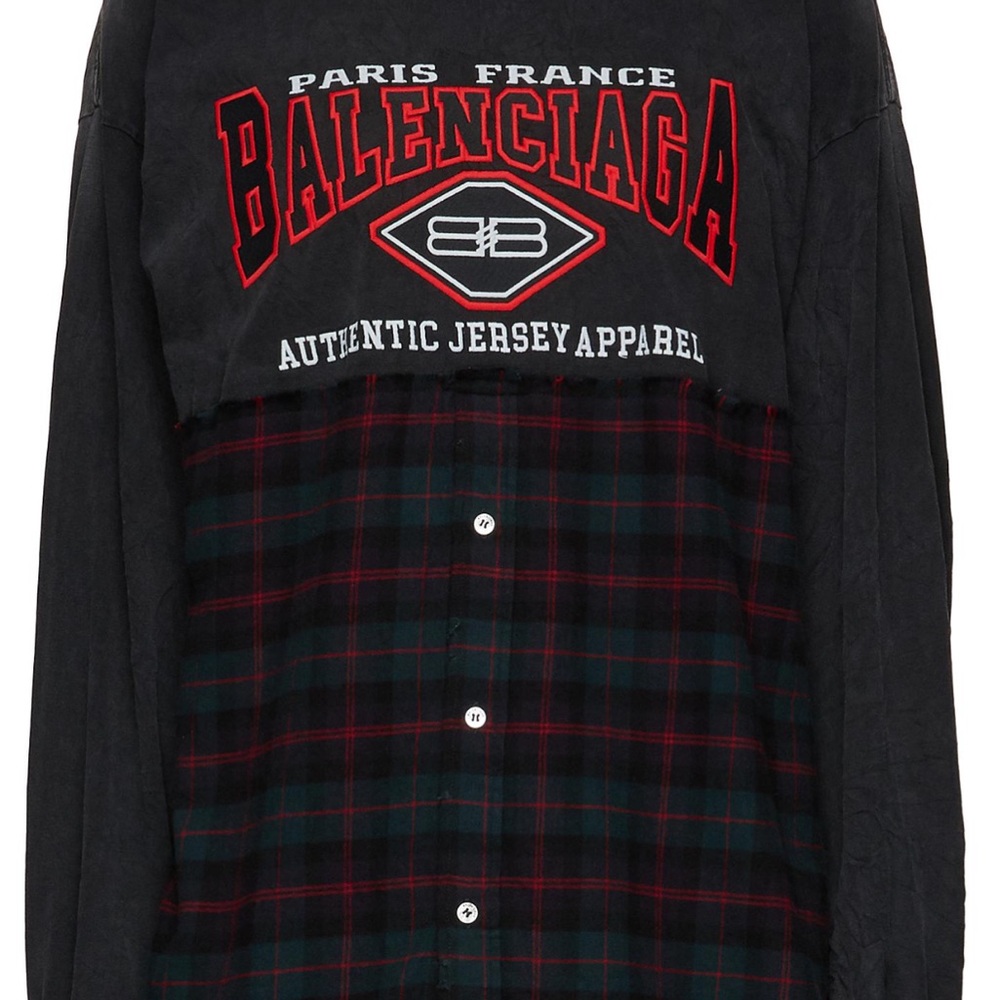 Balenciaga Black Button-Down with Red & Green Plaid Panel